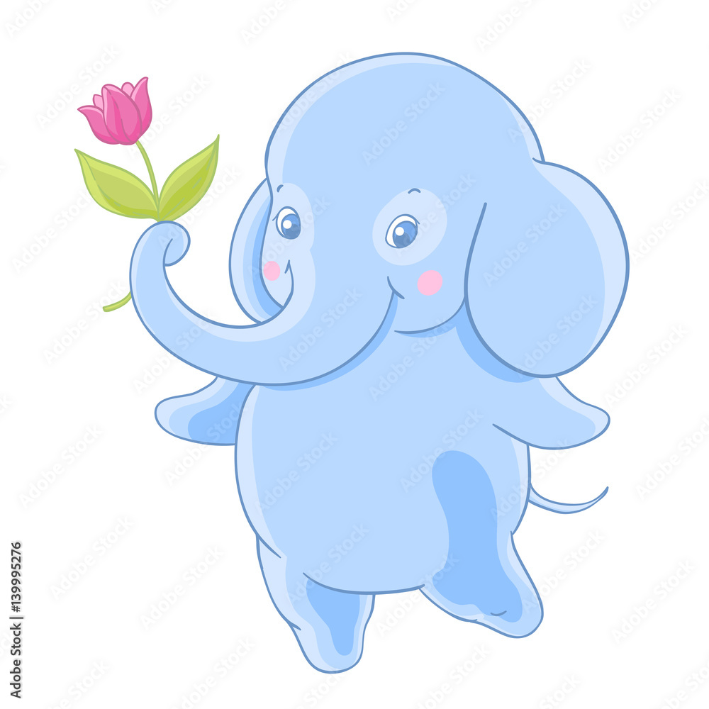Fototapeta premium Funny blue cartoon elephant gives a flower.