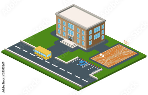 Isometric 3D concept vector illustration school with basketball field. The car parked in front of the building. School bus goes past college of higher education