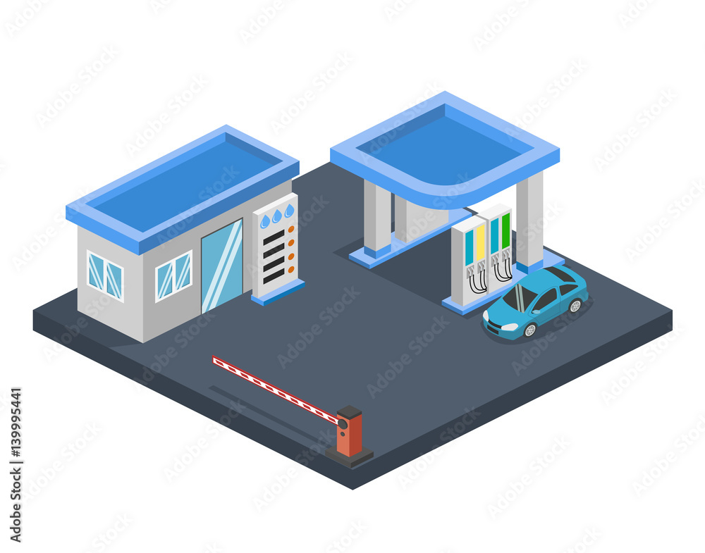 Isometric flat 3D concept vector gas station, gasoline, petrol station Isometric flat 3D concept vector gas station, gasoline, petrol station