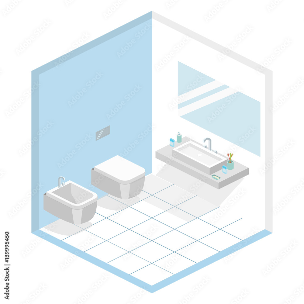 Isometric flat 3D concept vector interior of bathroom inside Isometric flat 3D concept vector interior of bathroom inside
