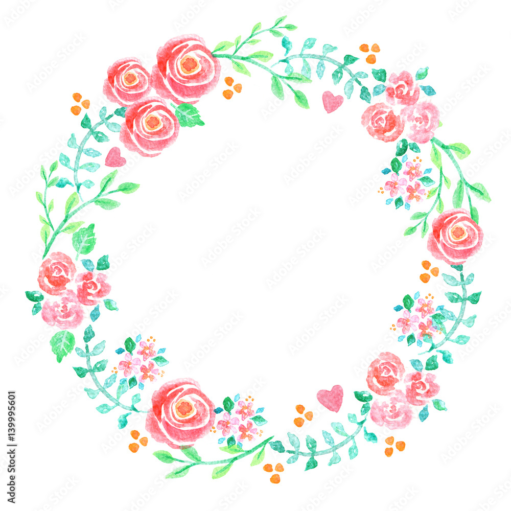 Hand painted watercolor illustration of a floral wreath decorated with beautiful summer flowers and decorative branches and leaves