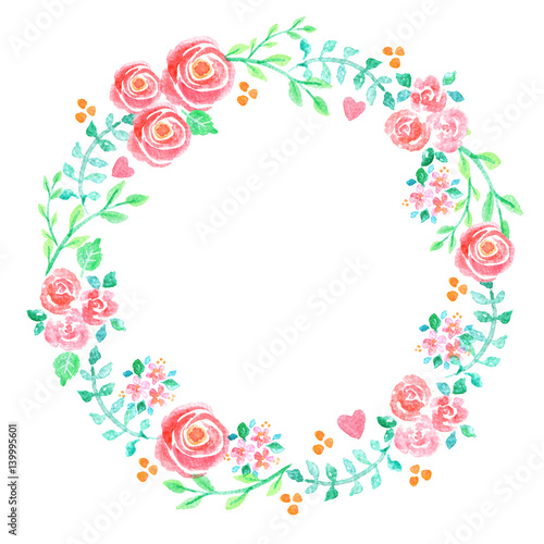 Hand painted watercolor illustration of a floral wreath decorated with beautiful summer flowers and decorative branches and leaves
