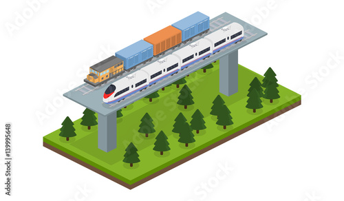 Isometric 3D vector illustration freight train and an express train on a railway track and bridge