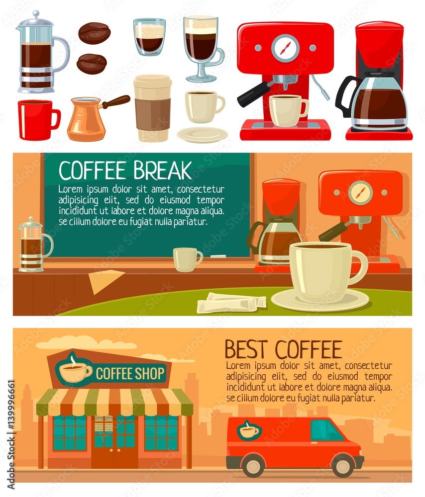 Set banners for coffee service in shop and cafe. Flat vector illustration. Set banners for coffee service in shop and cafe. Flat vector illustration.