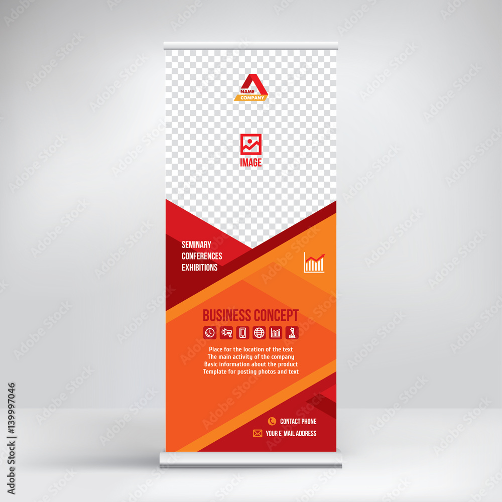 Banner roll-up vector, red graphic template for the exhibition stand, for the conference, accommodation advertising information and photos. Business concept, vector elements background Banner roll-up vector, red graphic template for the exhibition stand, for the conference, accommodation advertising information and photos. Business concept, vector elements background