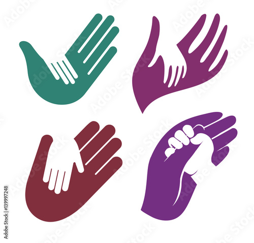 Isolated abstract colorful child and adult hand in hand logo set, kid touching parent palm logotype collection on white background
