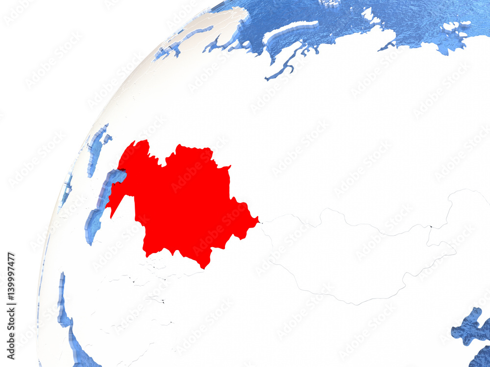 Fototapeta premium Kazakhstan on metallic globe with blue oceans