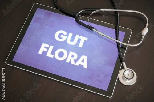 Gut flora (gastrointestinal disease related) diagnosis medical concept on tablet screen with stethoscope photo