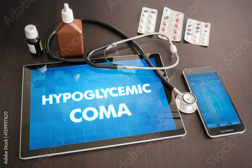Hypoglycemic coma (endocrine disease) diagnosis medical concept on tablet screen with stethoscope photo