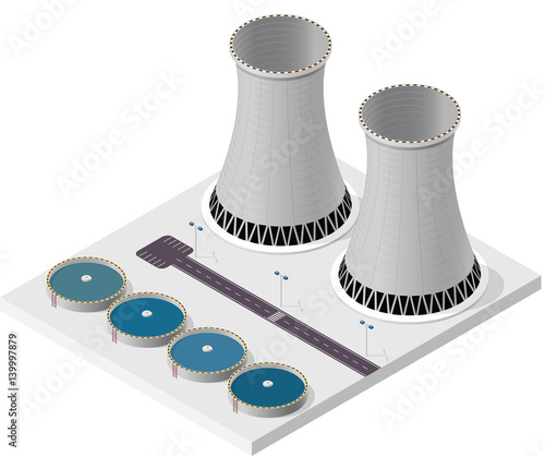 Vector isometric cooling system of nuclear power plant, isolated on white background. Cooling tower of power station. Concrete thermal power plant tower with street lamps. Industrial architecture.