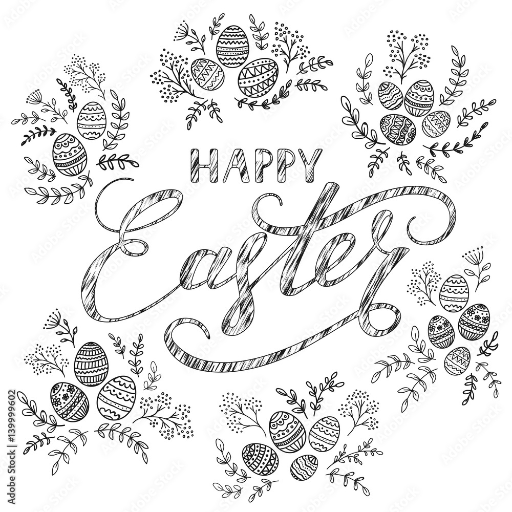 White background with grunge lettering Happy Easter and decorative eggs White background with grunge lettering Happy Easter and decorative eggs