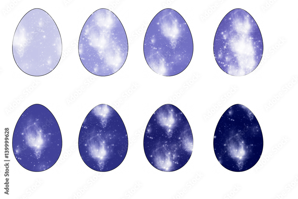 Easter eggs with the image of a space nebula and stars white background Easter eggs with the image of a space nebula and stars white background