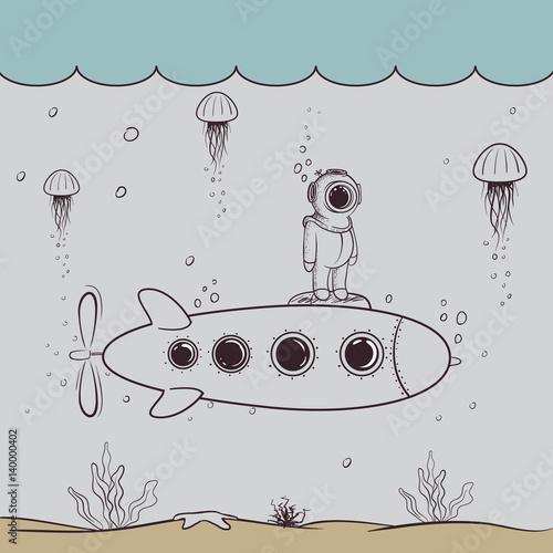 Little diver floats on submarine in the deep ocean