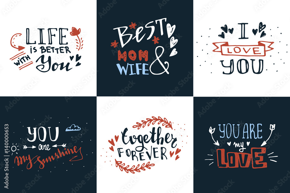 Hand drawn doodle sketch love quotes vector set. Romantic greetings Hand drawn doodle sketch love quotes vector set. Romantic greetings
