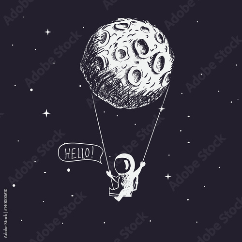 Cute astronaut riding a swing tethered to the moon