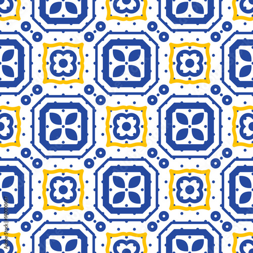 Blue and white mediterranean seamless ceramic tile pattern. Geometric vintage shapes vector texture for ceramic design, textile and wallpaper.