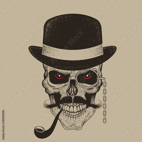 Skull-gentleman dressed in hat smoking cigar