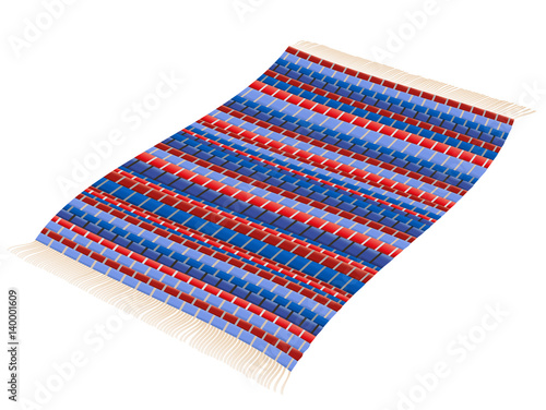 Rag rug - red and blue woven vintage patchwork mat flying like a magic carpet. Isolated vector illustration over white background.