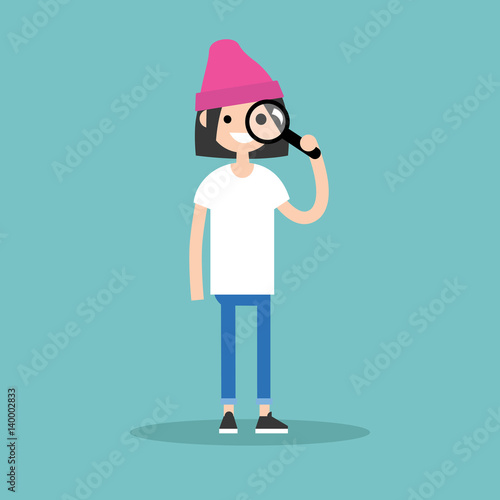 Young brunette girl looking through the magnifying glass / flat editable vector illustration