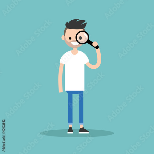 Young bearded man looking through the magnifying glass / flat editable vector illustration