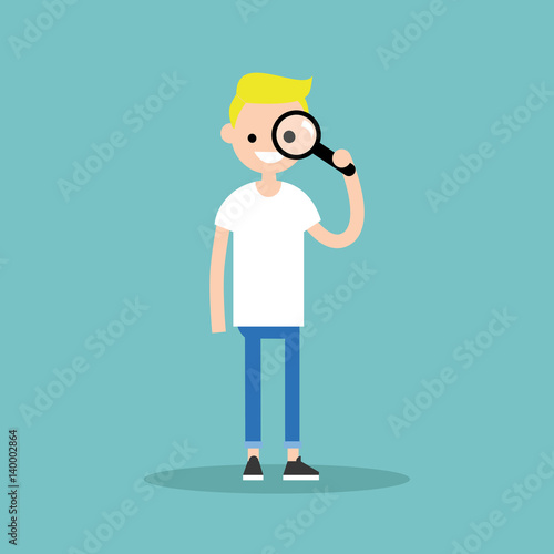 Young blond boy looking through the magnifying glass / flat editable vector illustration