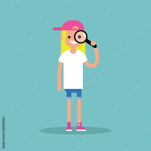 Young blond girl looking through the magnifying glass / flat editable vector illustration