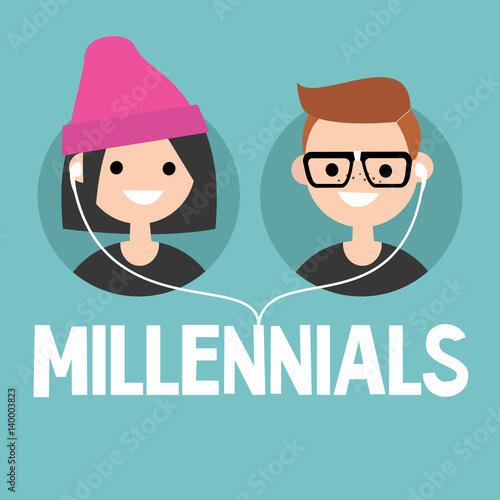 Millennials conceptual sign: young boy and girl sharing one pair of earphones / editable flat vector illustration