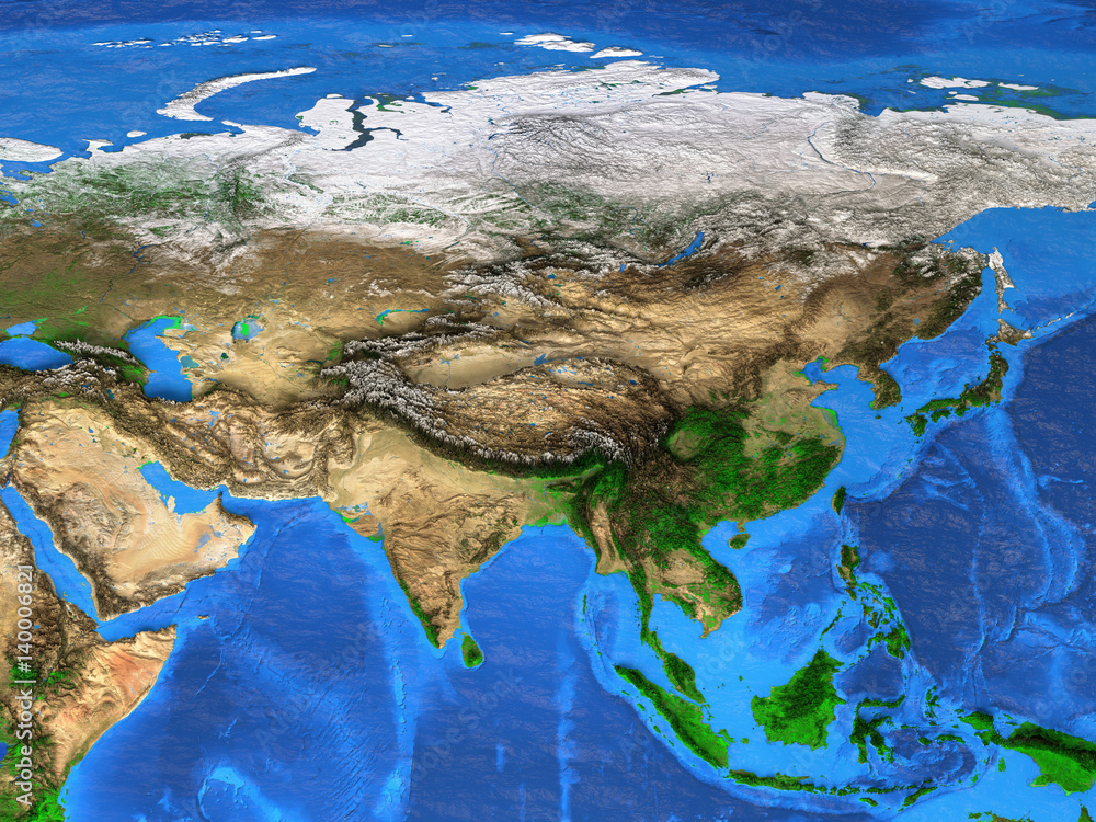 Fototapeta Mapa świata w wysokiej rozdzielczości skoncentrowana na Azji