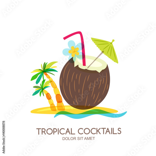 Tropical island landscape with coconut cocktail and palm tree. Vector doodle isolated illustration. Trendy flat design for summer beach party, bar menu of alcohol drinks.