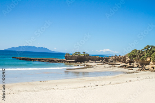 coastline with sand beach and rocks  sea background  new zealand nature