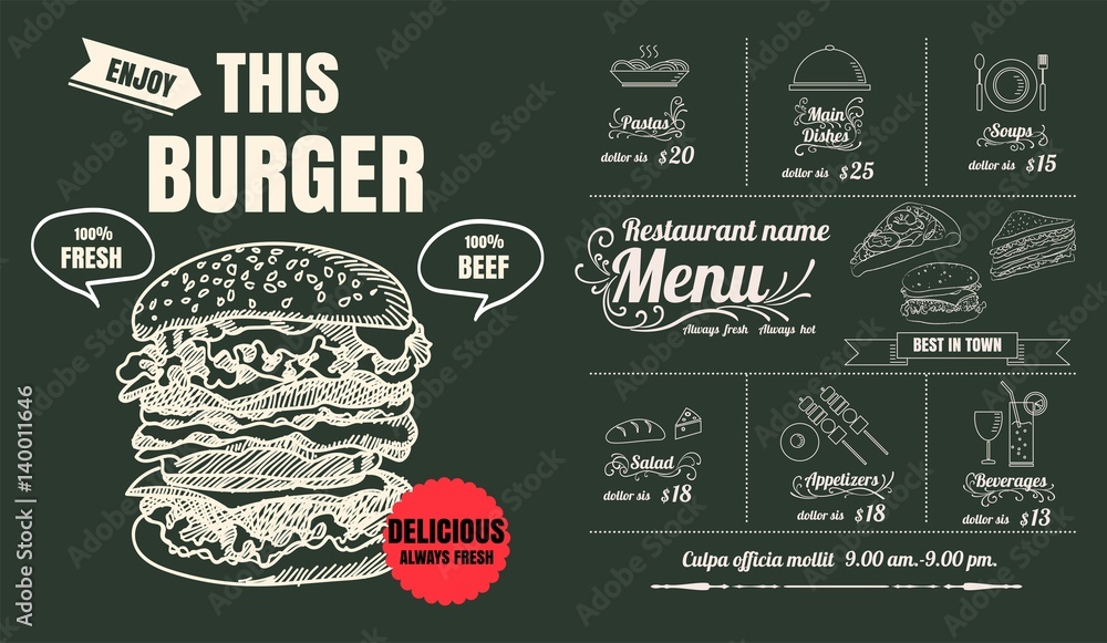 Restaurant Food Burger Menu Design with Chalkboard Background Restaurant Food Burger Menu Design with Chalkboard Background