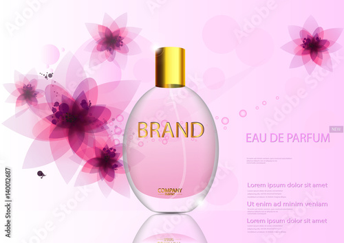eps 10 vector advertising poster of luxury eau de parfum isolated on pink background with flowers. Premium perfumery advertisement banner for web, print. Realistic glass bottle with vaporizer spray