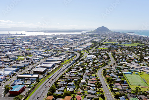 Aerial view of industrial areas of Mt Maunganui, North Island, New Zealand photo