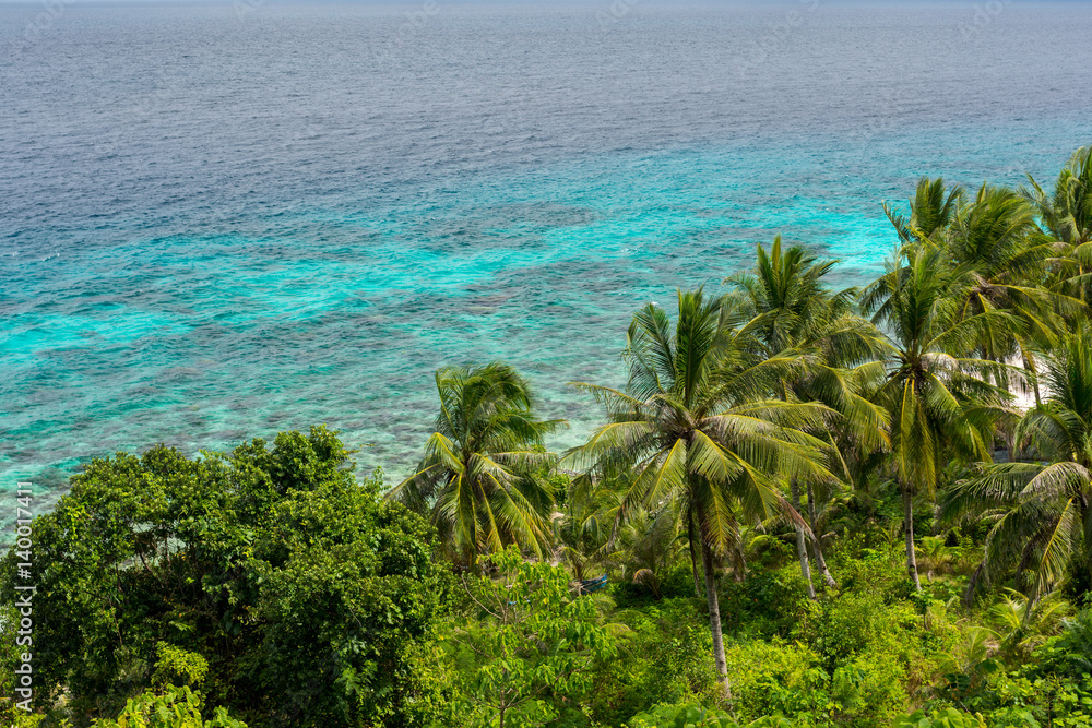 Elevated island view over palm trees and coastal jungle out to a shallow and calm turquoise tropical sea on a sunny day. Elevated island view over palm trees and coastal jungle out to a shallow and calm turquoise tropical sea on a sunny day.