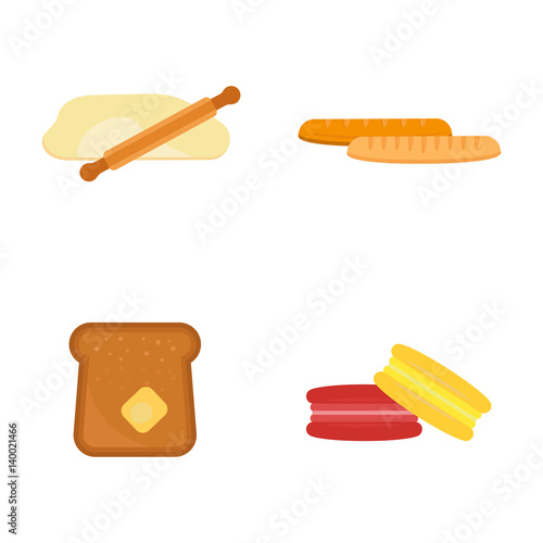 Vector macaroon fresh baked bread products icons isolatedset meal bakery wheat loaf rye grain snack breakfast baguette cereal nutrition organic toast croissant photo