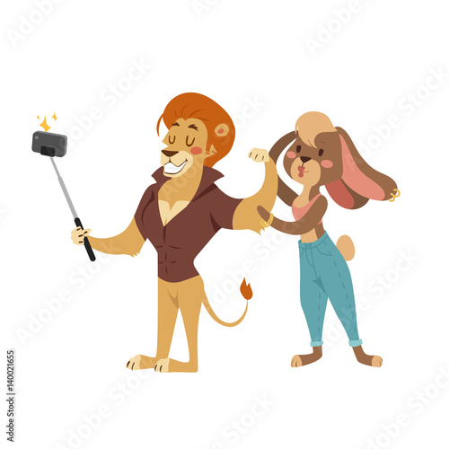 Funny picture photographer mamal person take selfie stick in his hand and cute animal taking a selfie together with smartphone camera vector illustration.