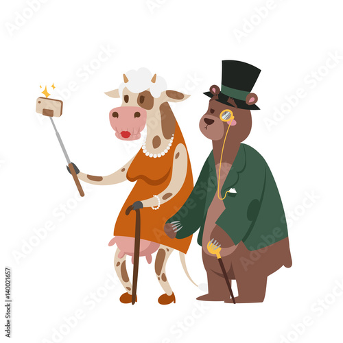 Funny picture photographer mamal person take selfie stick in his hand and cute animal taking a selfie together with smartphone camera vector illustration.