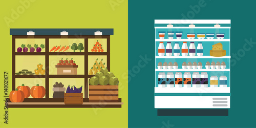Fruit, vegetables, milk products, meat, bakery shop stall vector set © Vectorvstocker