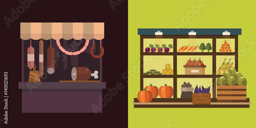 Fruit, vegetables, milk products, meat, bakery shop stall vector set