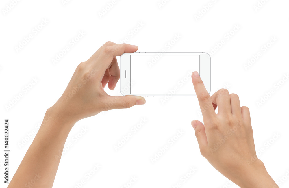 hand holding phone mobile and touching screen isolated on white background hand holding phone mobile and touching screen isolated on white background