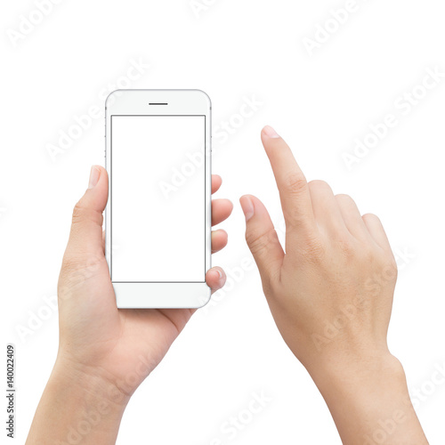 close-up hand holding smartphone mobile and hand element touch screen isolated on white clipping path inside