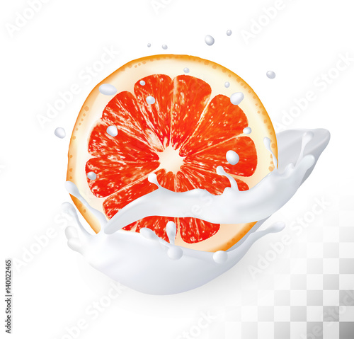 The ripe grapefruit in a milk splash on a transparent background. Vector.