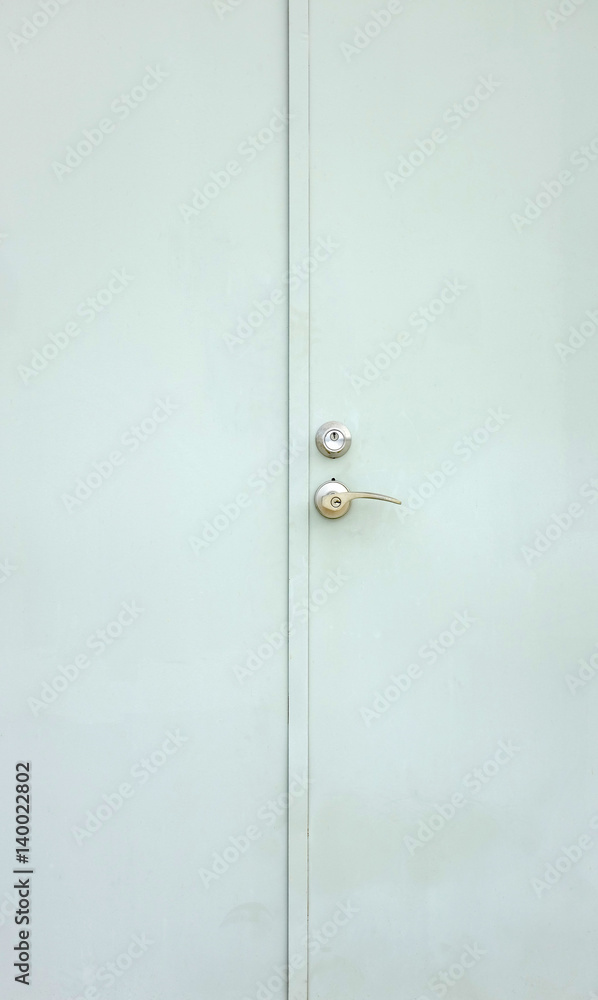 Handle and keyhole steel knob on the door Handle and keyhole steel knob on the door