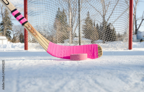 Canvas Print Pink hockey stick outdoor rink on a blue sky day close-up