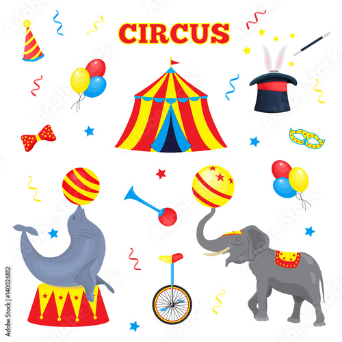 Set of vector circus elements. A collection of circus tent, balloon, horn, hat, magic stick, bow tie, monocycle, serpentine, circus animal elephant and seal with ball for the design tickets, brochures