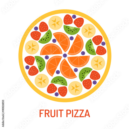 Fruit pizza isolated on white background. Summer party concept. Vector illustration. Flat design.