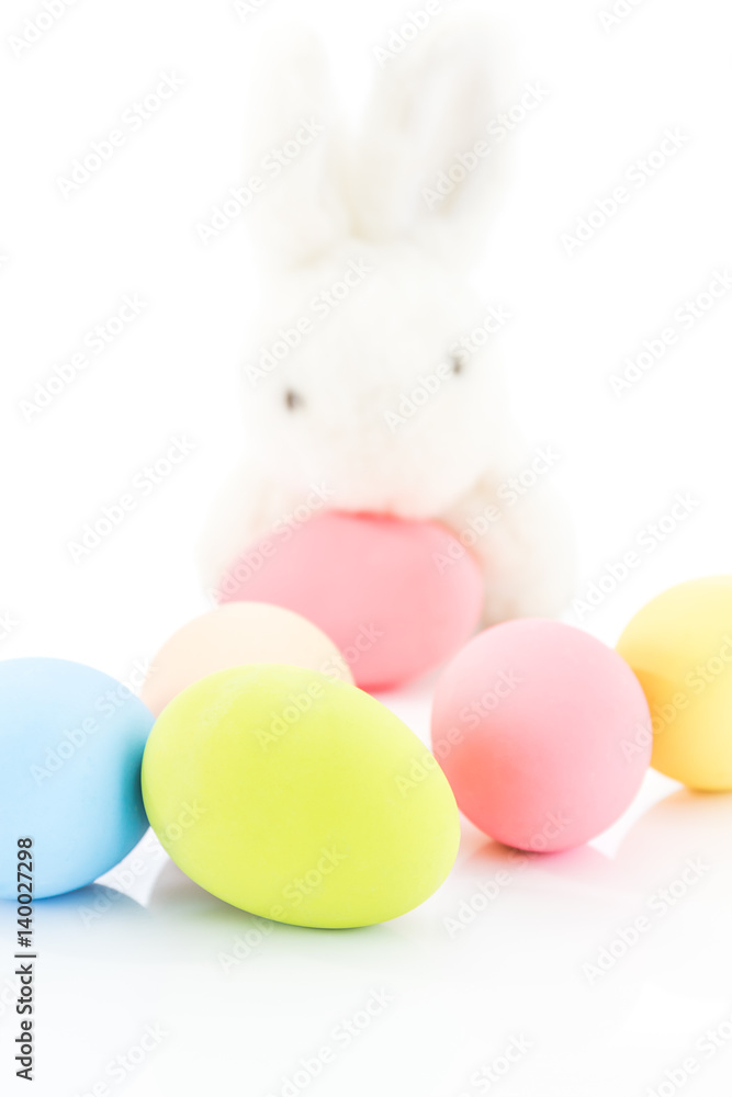 Easter eggs and rabbit on white Easter eggs and rabbit on white