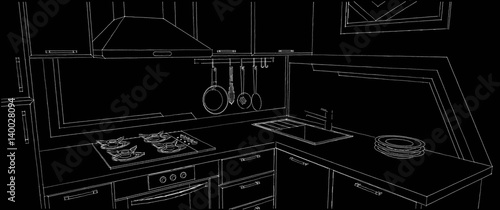Sketch of kitchen corner with sink, wall pot rack, fume hood, cooktop and geometry painting on the wall. Outline black and white illustration.
