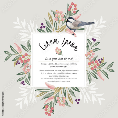  Vector illustration with a cute bird on a floral branch in spring for Wedding, anniversary, birthday and party. Design for banner, poster, card, invitation and scrapbook 				