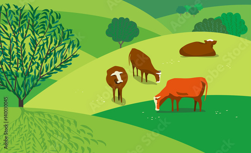 Green landscape. Freehand drawn cartoon outdoors style. Farming herd of brown cows on spring blooming meadow. Rural scene view with green grass on hills, fields, trees. Vector countryside background